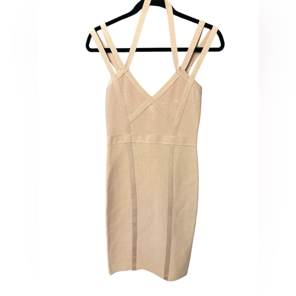 Bebe Bodycon bandage halter Strap Midi dress Nude med Sculpting 90s balletcore